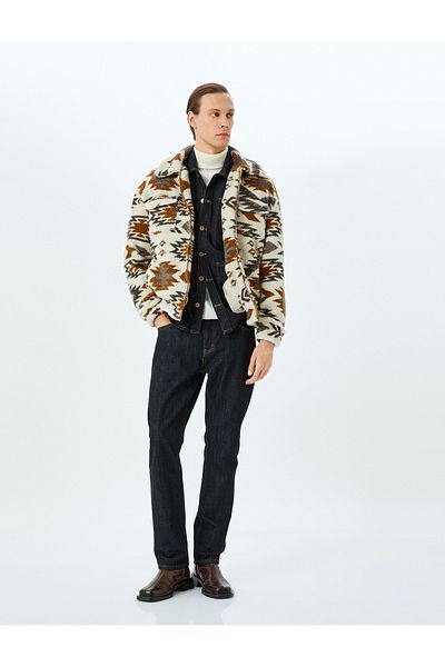 Koton Ethnic Patterned Stand Collar Fleece Jacket with Zippered Pockets