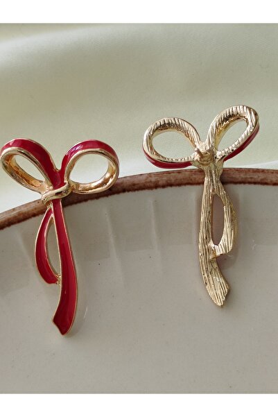 İPAR AKSESUAR Bow Enamel Metal - Gold Red Earrings
