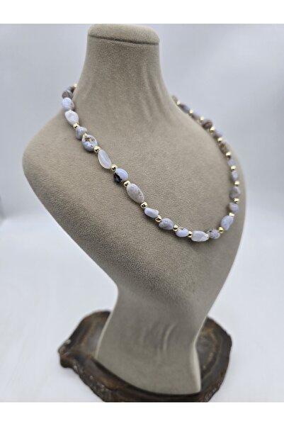 NBS Beautiful Naturel Stones Kalsedon Doğal Taş Kolye 40 cm Zarif ( Altın Kaplama Zincir ) Doğal kesim aa kalite