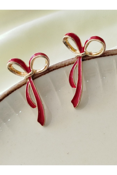 İPAR AKSESUAR Bow Enamel Metal - Gold Red Earrings