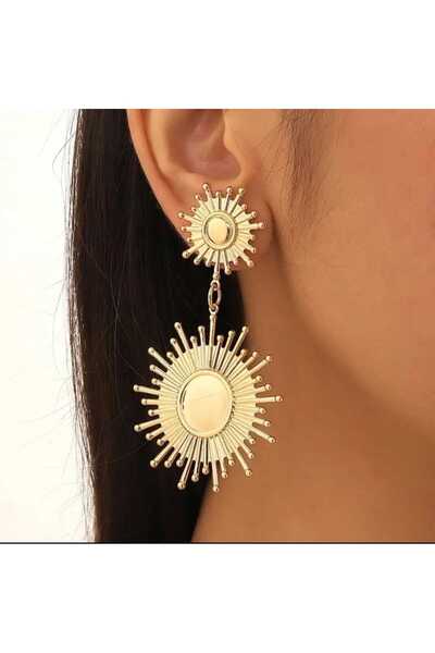 Stylish Double Layer Sunflower Gold Plated Metal Swing Earrings for Women