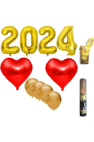 Hayaller Dükkanı 2025 New Year's Decoration Set - Gold Red Heart and Confetti Balloon, Battery Operated Led and Numeral Foil Balloon