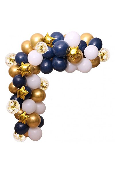 Hayaller Dükkanı Lacivert Gold Krom Beyaz Konfetili Yıldızlı Balon Zincir Set...