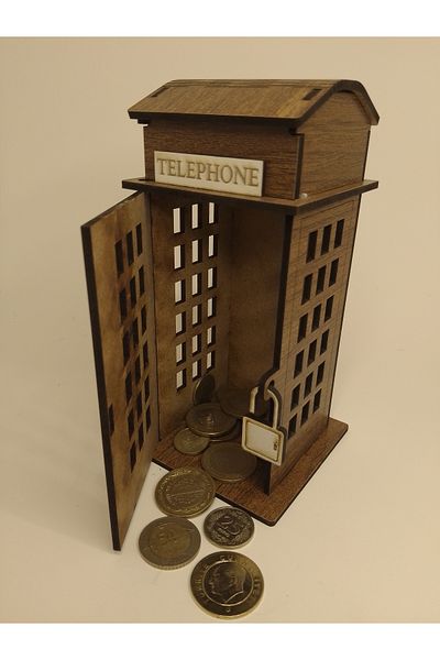 Penguen Wooden Gift Brown Telephone Booth Piggy Bank