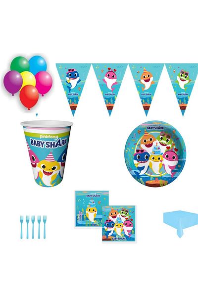 Hayaller Dükkanı Baby Shark Birthday Ornaments and Party Set Tableware Set for 8