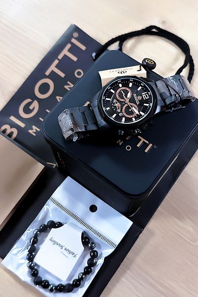 Bigotti Custom Boxed Waterproof Men Wristwatch Black Color Steel Band Gift Bracelet Bme2015C3