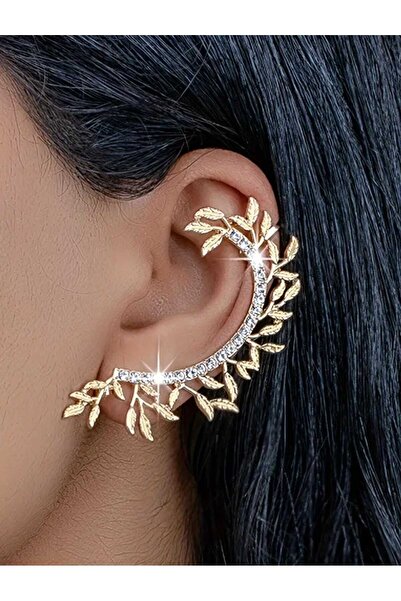 Beyna Sol Kulak Gold Kaplamalı  Kristal Taşlı Kanca Kıkırdak Yaprak Küpe