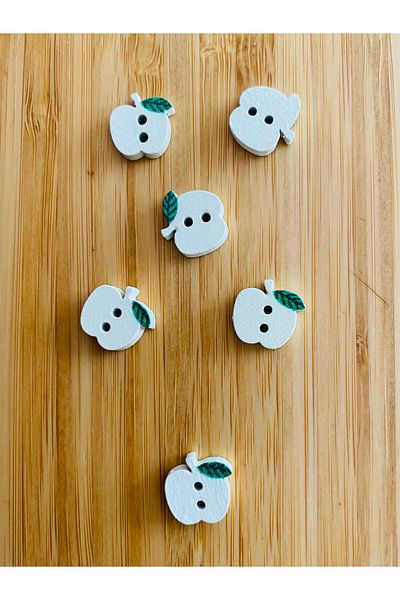Kartopu White Painted Patterned Shaped Wood Button 13mm X 14mm. Pack of 6. Apple.