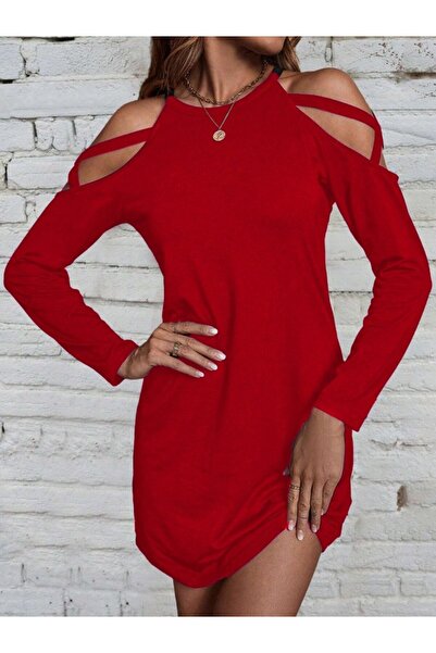 Kokosh moda Kadın Uzun Kollu Omuz Açık Askı Detay Viskon Mini Boy Elbise