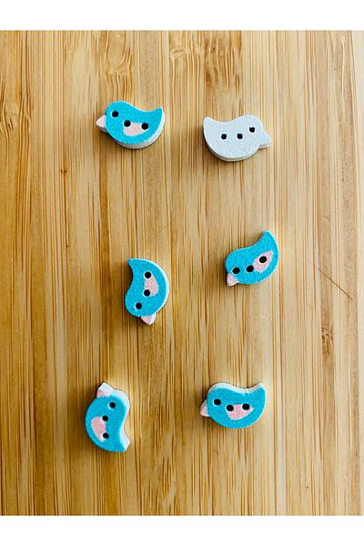 Kartopu White Painted Patterned Shaped Wood Button 9mm X 13mm. Pack of 6. The Bird Figure Is Turquoise.