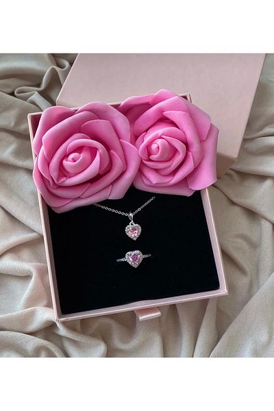 İthal Steel Silver Heart Pendant and Heart Adjustable Zircon Ring