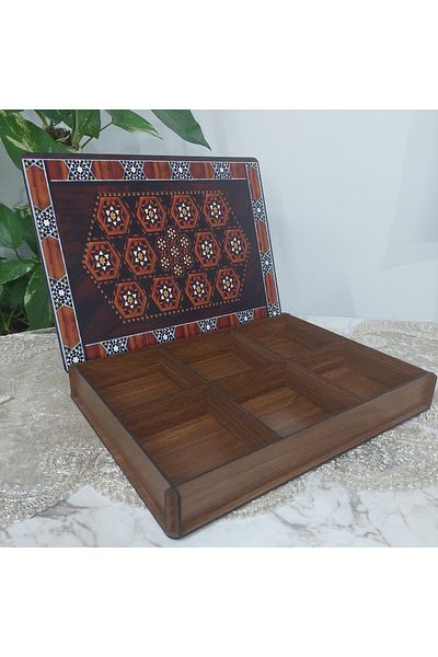 şamaksesuar Colorful Arabesque Patterned Wooden MDF Box with 6 Sections (32x24 cm)