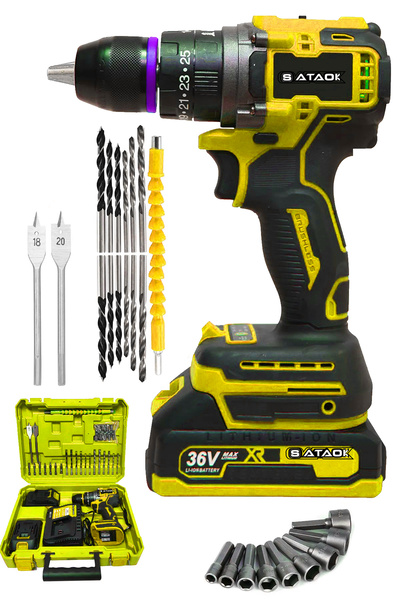 Sataok 36v 5ah Çift Batarya 10mm Çelik Mandren Darbeli Şarjlı Matkap Akülü Vi...