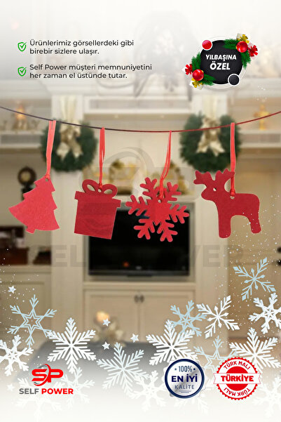 Self Power Keçe Noel Süsleri Seti - Geyik & Kar Tanesi Tasarımları ile Asma İpi ile Ağaç ve Tatil Dekoru