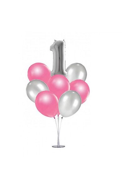 Hayaller Dükkanı 1 Year Old - Set of 7 Pink Metallic Balloon Stands and 10 Pieces