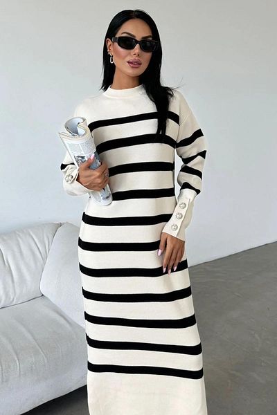 MAXXANA Rochie de tricot premium 135 cm cu dungi cu umeri cu fante cu nasturi perle - Ediție limitată