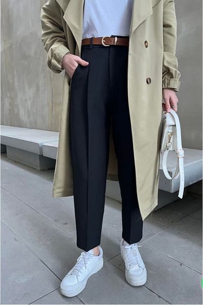 Butik Premium Quality Tok Fabric Belted Carrot Trousers Black