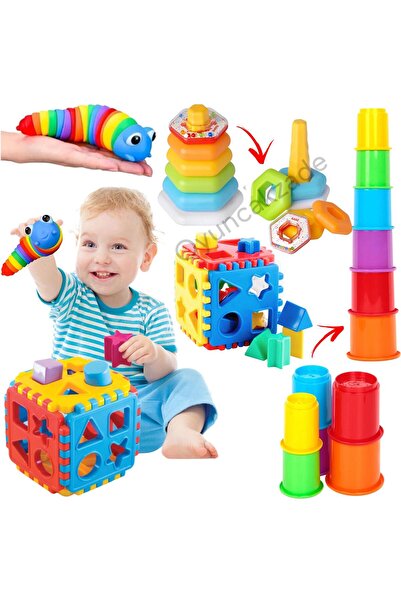 Depomiks Avm Çıngıraklı Eğitici Halkalar + Küp bultak + Söktak Renkli Tırtıl + Sevimli Kule Eğitici ilk yaş set