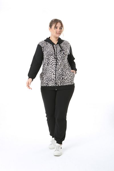 MODA LİZZA Plus Size Two Threads Leopard Black Tracksuit Suit