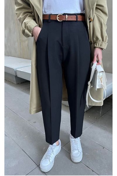 Butik Premium Quality Tok Fabric Belted Carrot Trousers Black