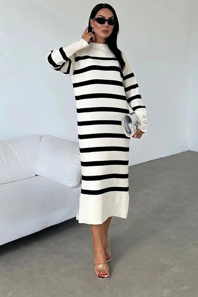 MAXXANA Rochie de tricot premium 135 cm cu dungi cu umeri cu fante cu nasturi perle - Ediție limitată