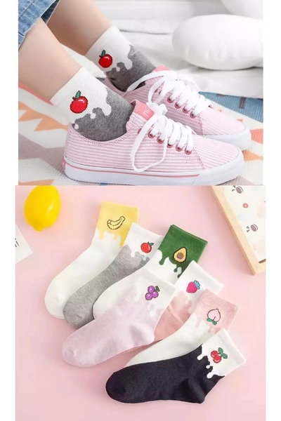 Aze 7 li Meyve Desenli Yarım Konç Kolej Pamuklu Çorap