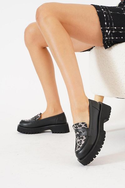 Moda Pie Leofer Potesar - Black and Gray Leopard Print Women's Shoes with Belt