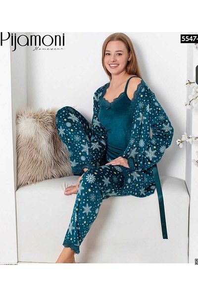 Pijamoni Ειδικό για την Πρωτοχρονιά Snowflake Green 3-Pece Γυναικεία Πιτζάμα