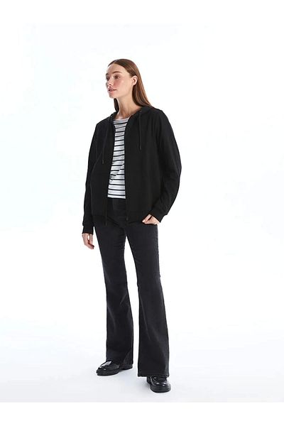 LC Waikiki Basic New Black Hooded ίσιο μακρυμάνικο γυναικείο φούτερ με φερμουάρ