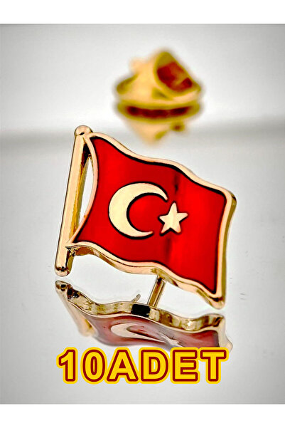 YÖRÜK TASARIM 10 Adet Türk Bayrağı Altın Kaplama Yaka Rozeti 3D(3 Boyutlu Dal...