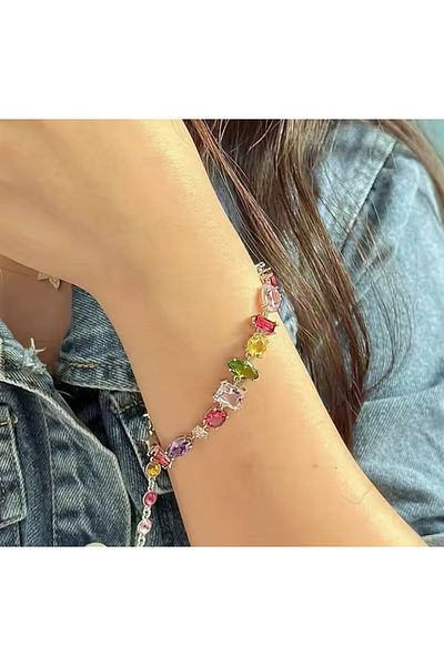 Harlofia Jewelry سوار ملون بألوان قوس قزح مع حجر ذو صف هندسي