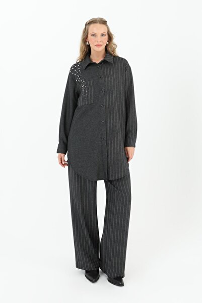 Puane Kadın Yumuşak Dokulu Omuz Ve Cep Taş Detaylı Çizgili Antrasit Gömlek/Tunik 10552