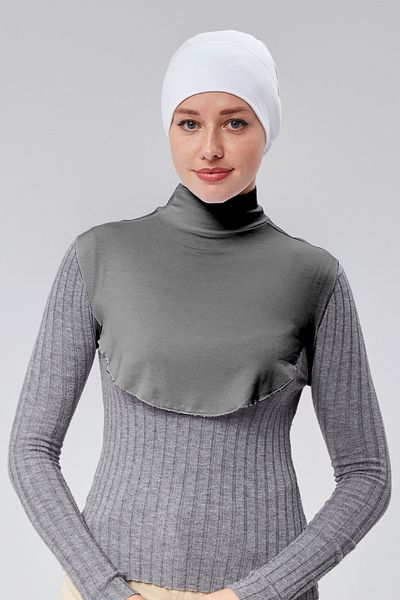Sonbaharmoda Smoke Colored Women's Hijab Dress - Combed Cotton with Half Neck and Bagel Neck Collar