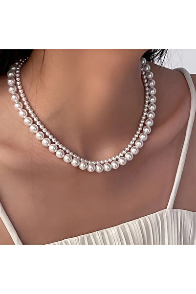 Lovisa EL EMEĞİ ÇİFT SIRA İNCİ KOLYE, CHOKER İNCİ BONCUK KOLYE, VİNTAGE TARZ