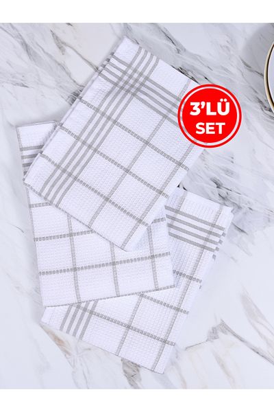 Tuable Set of 3 Kitchen and Nutrition Cloths with Gray Waffle Pattern - American Serving Napkin, 50X70Cm