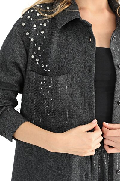 Puane Women's Soft Textured Shoulder and Pocket Stone Detailed Striped Anthracite Shirt/Tunika 10552