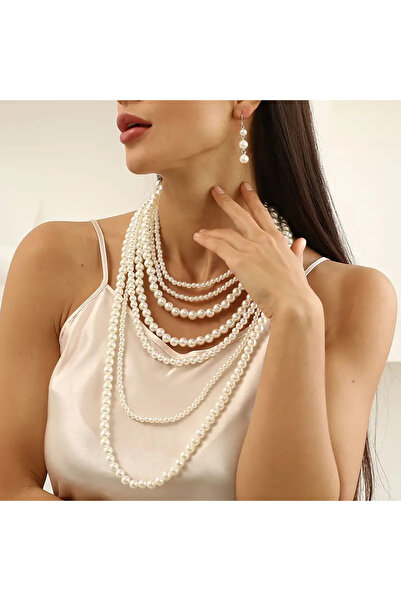 Lovisa EL EMEĞİ ÇOKLU İNCİ KOLYE, VİNTAGE KOLYE, 7 SIRA İNCİ BONCUK KOLYE, KÜ...