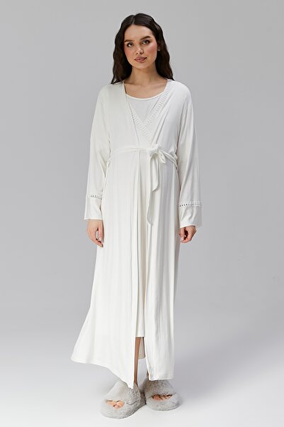 LOHOUSE Kadın Ekru Dantel Detaylı Uzun Hamile Gecelik Seti