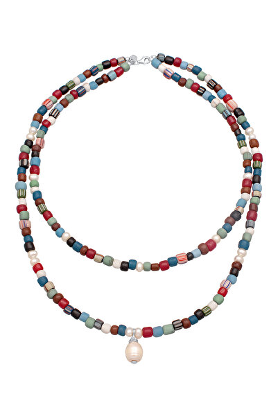 KUZZOI Náhrdelník Pánský vrstvený skleněný korálkový náhrdelník Barevný s kultivovanými sladkovodními perlami o ryzosti 925