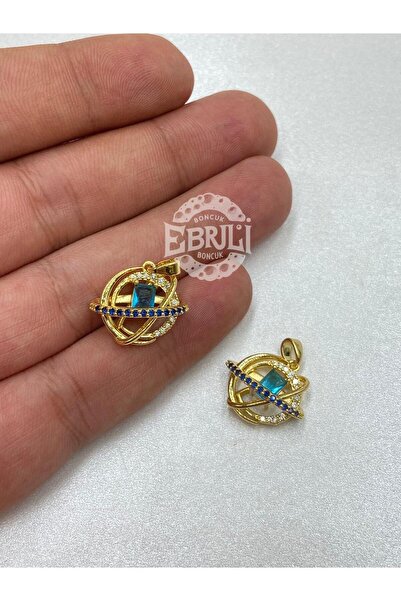 Ebruli Boncuk Mavi Büyük Zirkon Taşlı Yuvarlak Altın Rengi Kolye Ucu Çelik Ta...