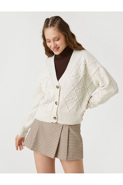 Koton Crop Cardigan Knitted V-Neck Long Sleeve Buttoned