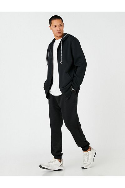Koton Long Hooded Basic Cardigan - Zipper and Pocket, Slogan Detail Raster