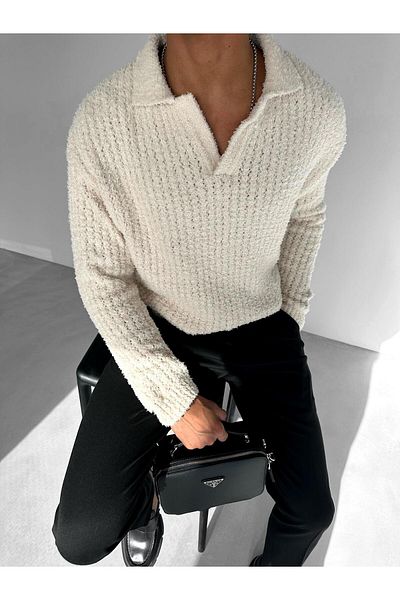 ablukaonline Men's Oversize Soft Textured Knitted Sweater Cream