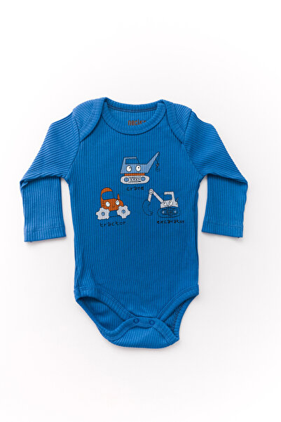 LAVORE Unisex Bebek Organik İş Makinesi Desenli Mavi Fitilli Zıbın Takım
