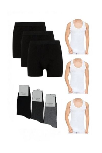 Modaley Giyim 3 Undershirts, 3 Boxers, 3 Pairs of Socks, Gift, 9 pieces of underwear in total