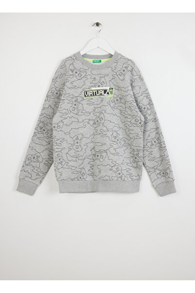 Benetton Desenli Erkek Gri Melanj Sweatshırt 3GHMC10M5 79D