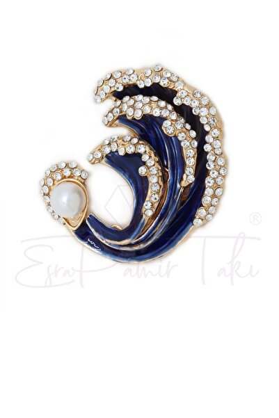 Esra Pamir Zirkon Taşlı İncili Mavi Okyanus Dalgası Broş