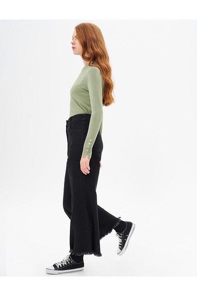 Kayra Black Denim Trousers - Tasseled Leg