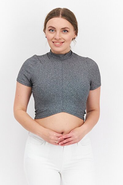 Sage The Label Women Round Neck Short Sleeve Textured Top, Silver