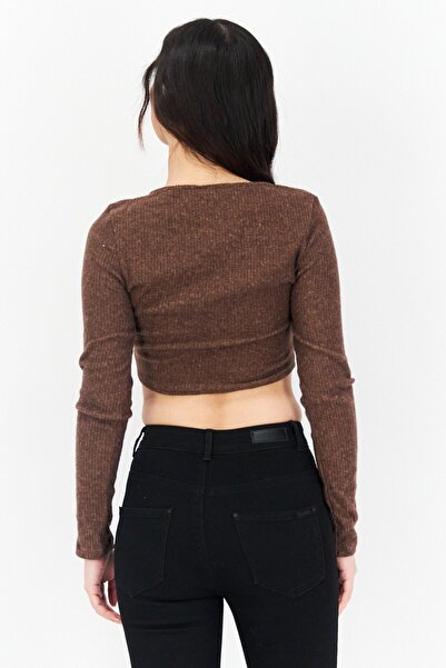 Endless Blu Women Keyhole Neck 3/4 Sleeve Textured Top, Brown Combo